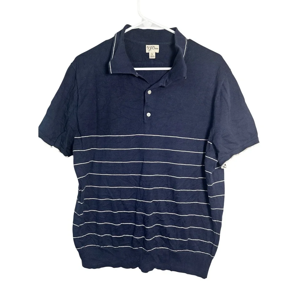 J.Crew‎ Mens Navy Blue Striped Short Sleeve Cotton Knit Sweater Polo Shirt L